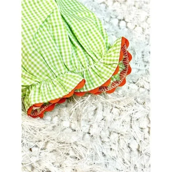 Beautiful Smocked Girl's Lime Green Gingham Thanksgiving Turkey Bishop Dress - Picture 5 of 7
